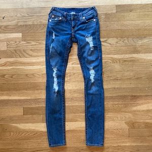 TRUE RELIGION Slim Straight Stell Jeans, Distressed Denim 25 Low Waist